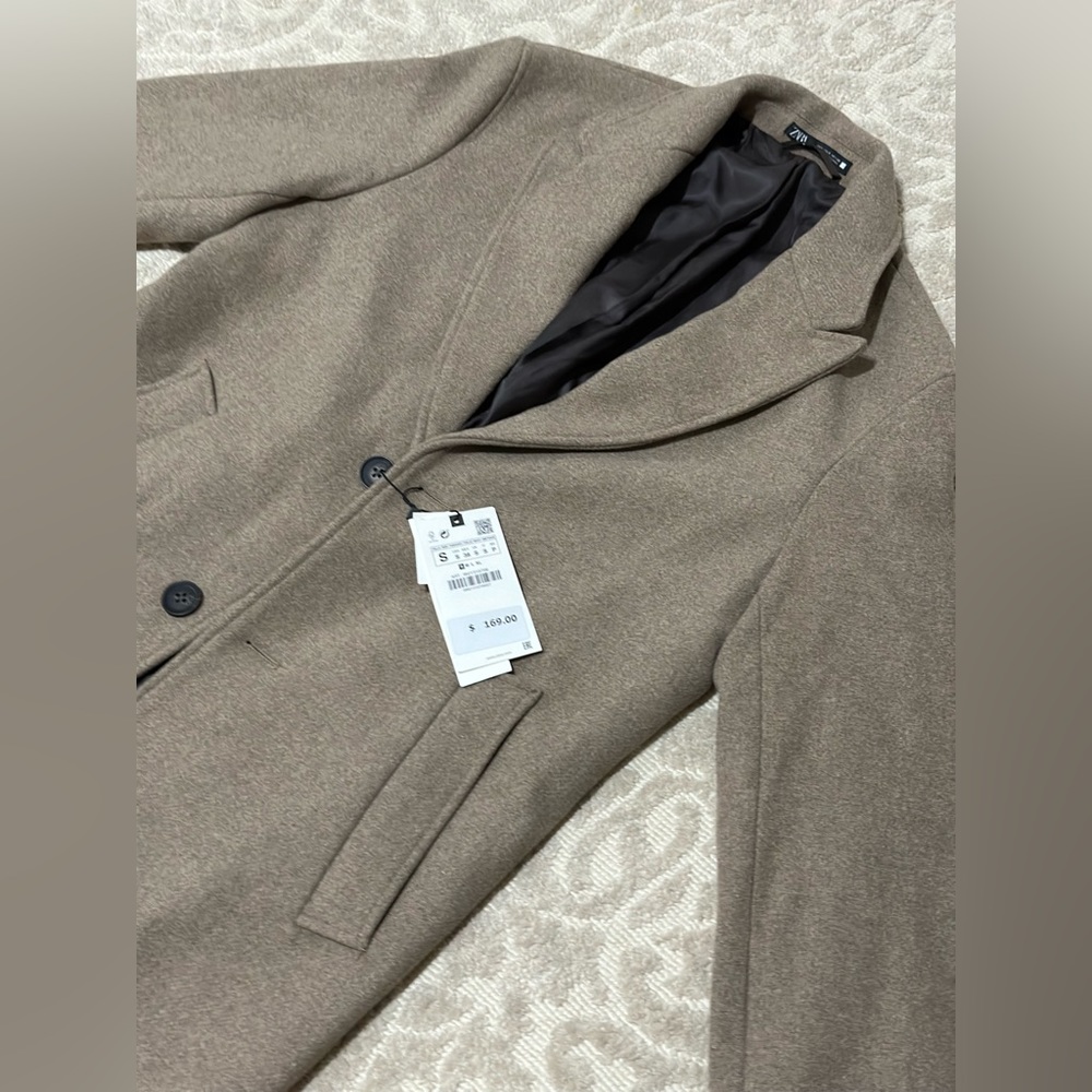 Zara Men L Wool Blend Over Coat Mink Brown Welt Pockets Long Sleeve